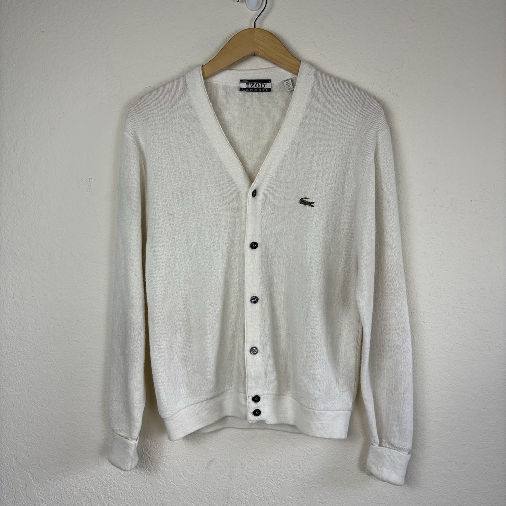 Vtg Izod Lacoste Mens Cardigan L White Cream V Neck Old Money Golf Logo Button